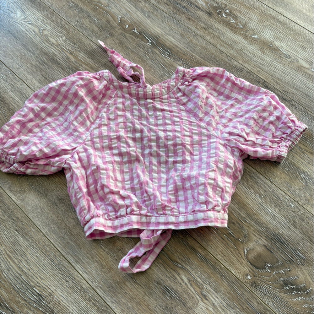 Pink and White Checkered Puff Sleeve Top size XS